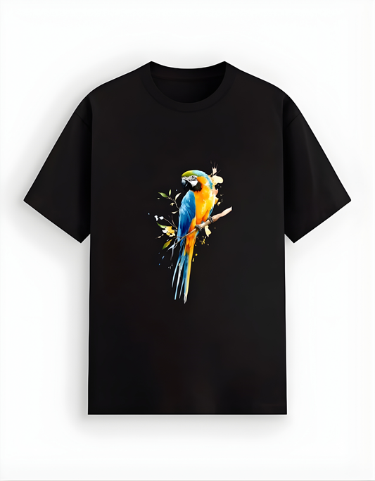 Black t-shirt with a colorful parrot design on a white background