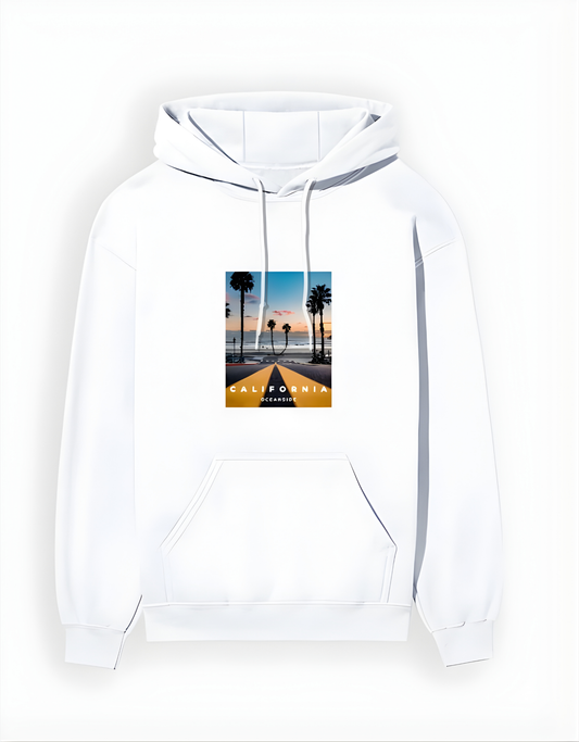 White hoodie with a graphic of a road and palm trees on a white background