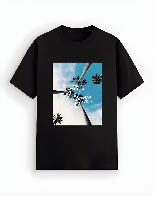 Black t-shirt with a graphic of palm trees and 'California' text on a white background