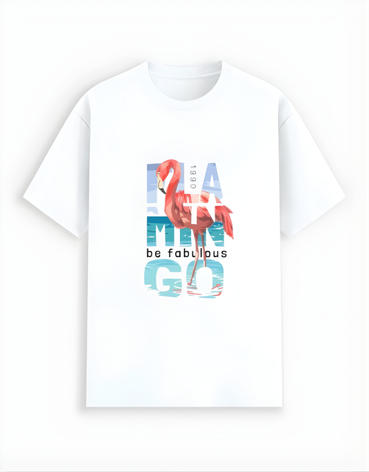 White t-shirt with flamingo graphic and text on a white background