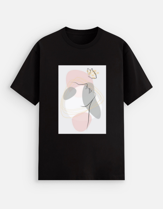 Black t-shirt with a graphic design of two abstract figures and a butterfly on a white background