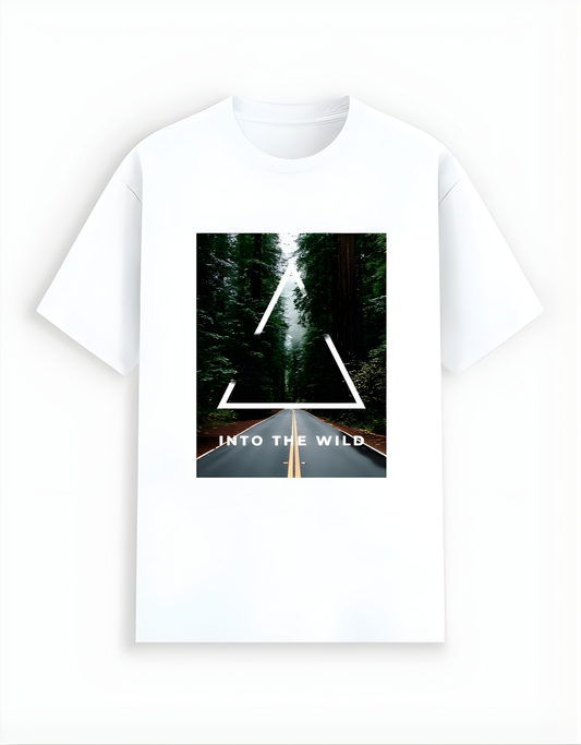 White t-shirt with a graphic design of a road flanked by trees and the text 'Into the Wild' on a white background.