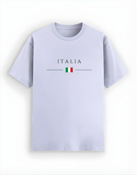 Light purple t-shirt with 'ITALIA' and Italian flag design on a white background