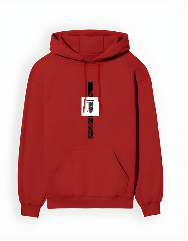 Red hoodie with a white label on a white background