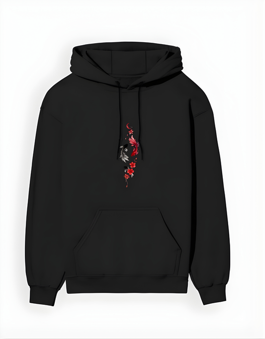 Black hoodie with a red and gray design on the chest against a white background