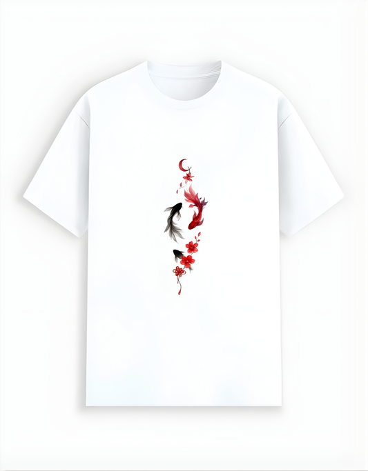 White t-shirt with a design of three fish and red flowers on a white background