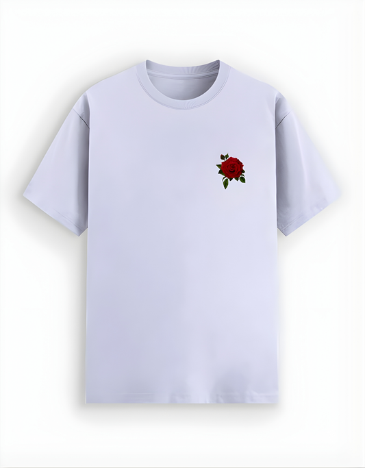 White t-shirt with a red rose design on a white background