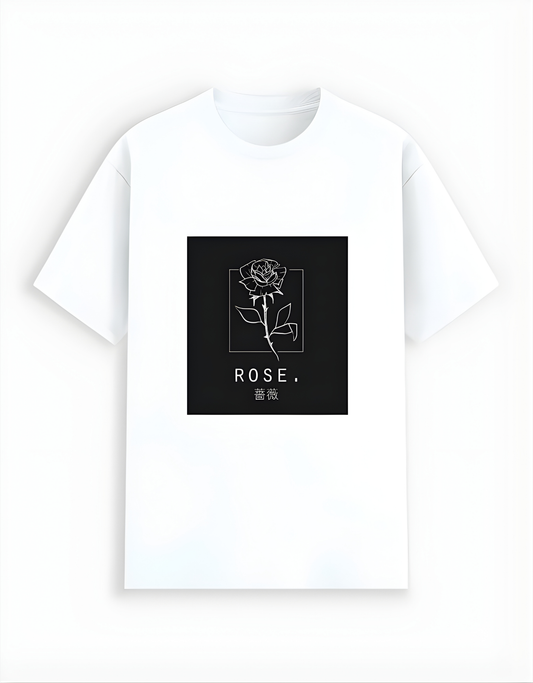 White t-shirt with a black square featuring a rose design and the word 'ROSE' on a white background