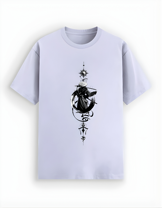 Light purple t-shirt with black graphic design on a white background