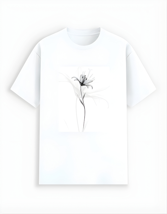 White t-shirt with a black floral design on a white background
