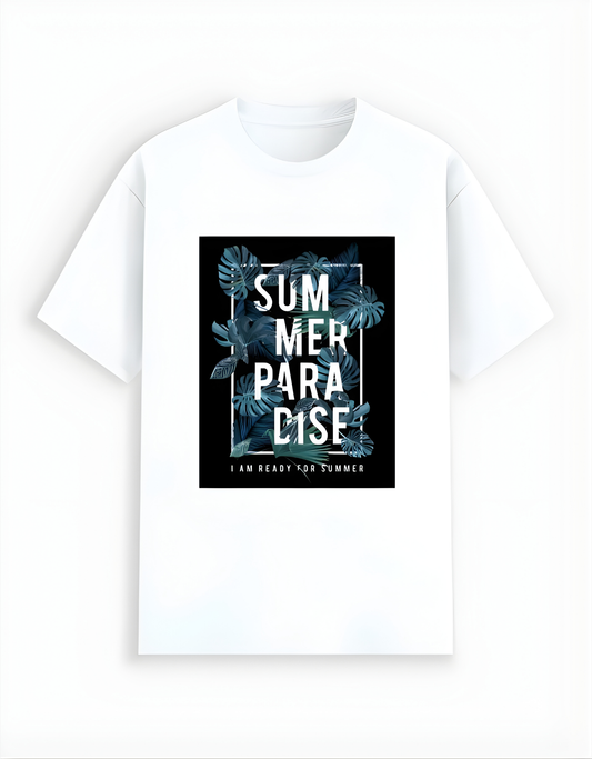 White t-shirt with 'Summer Paradise' graphic design on a white background