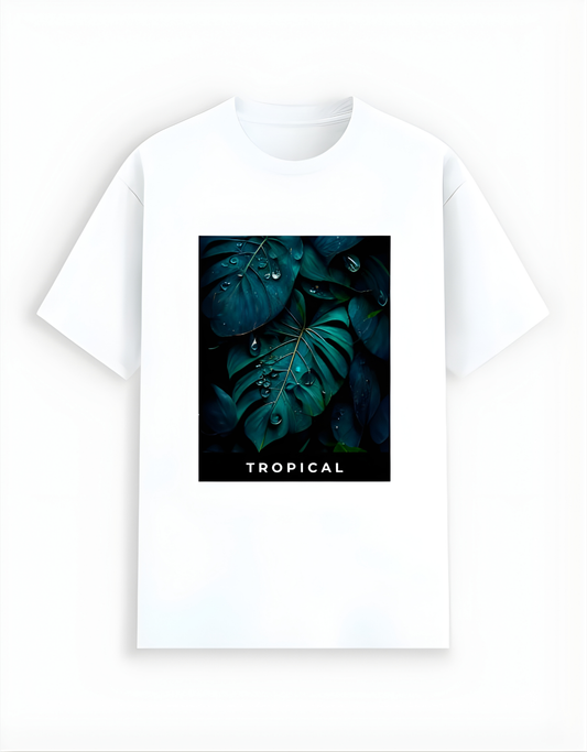 White t-shirt with a tropical leaf design and 'Tropical' text on a white background