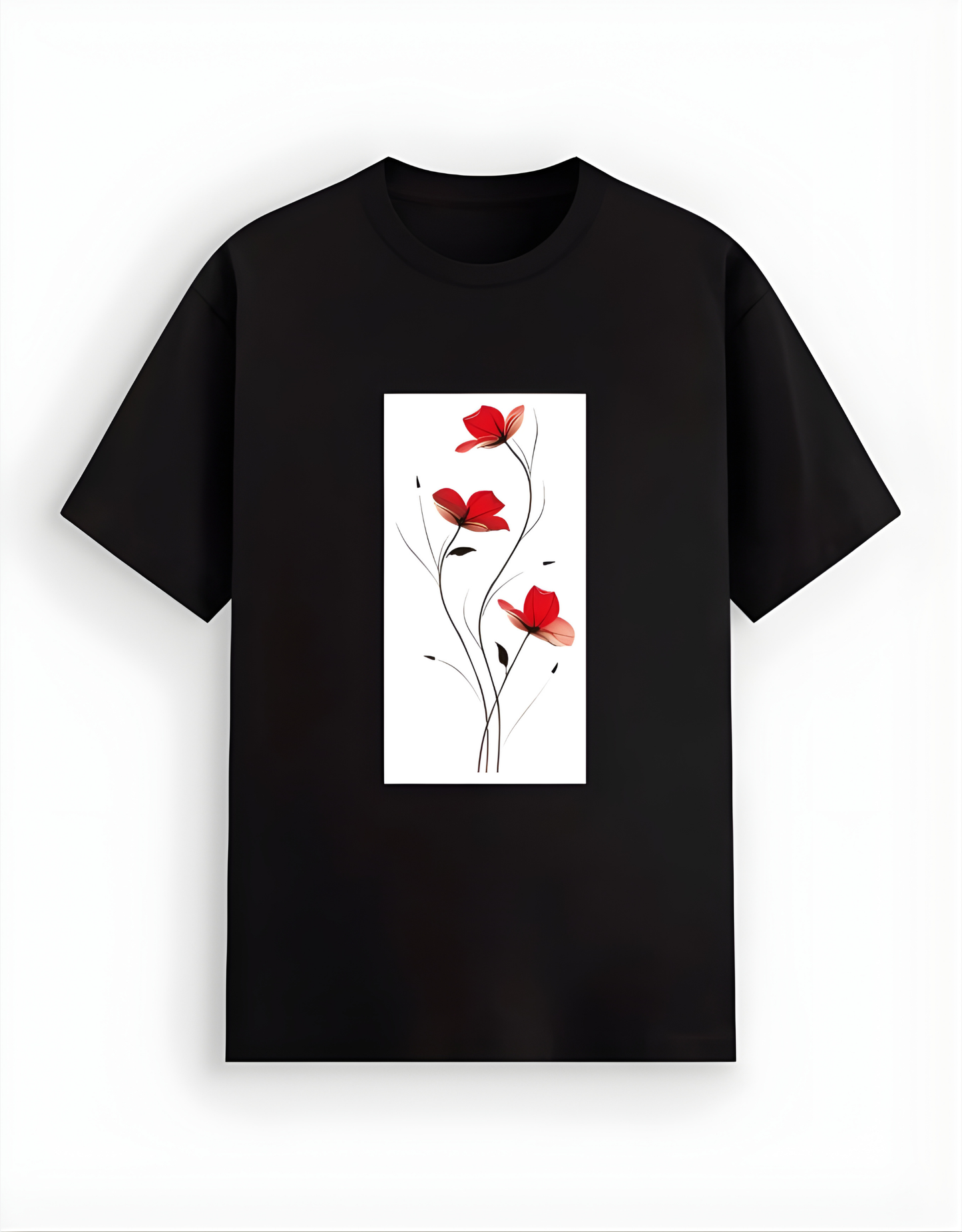 Black t-shirt with a red floral design on a white background