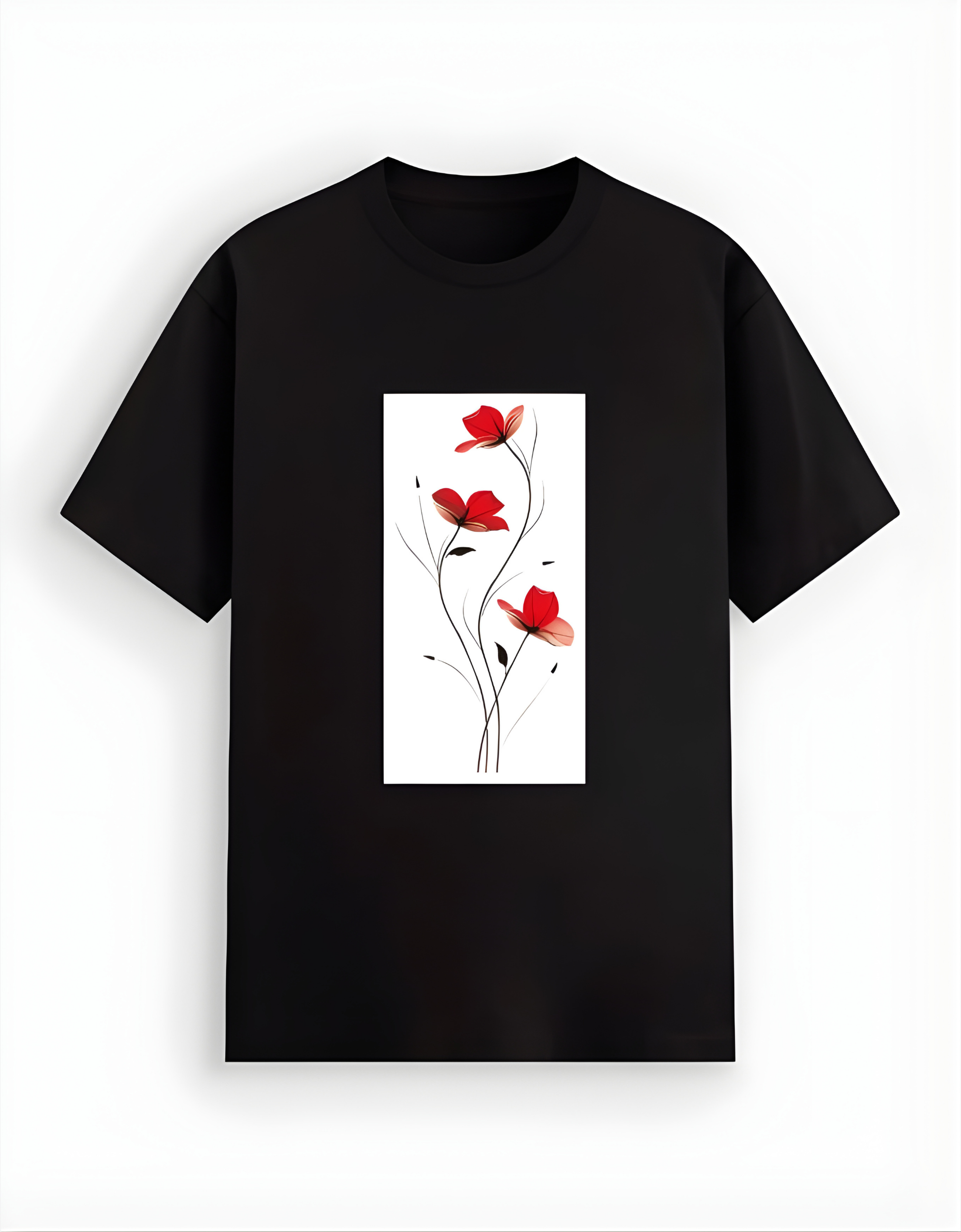 Black t-shirt with a red floral design on a white background