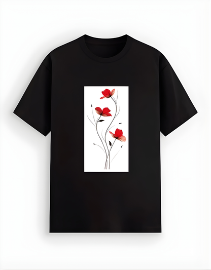 Black t-shirt with a red floral design on a white background