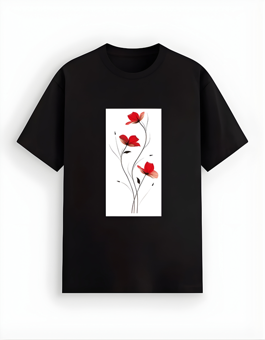 Black t-shirt with a red floral design on a white background