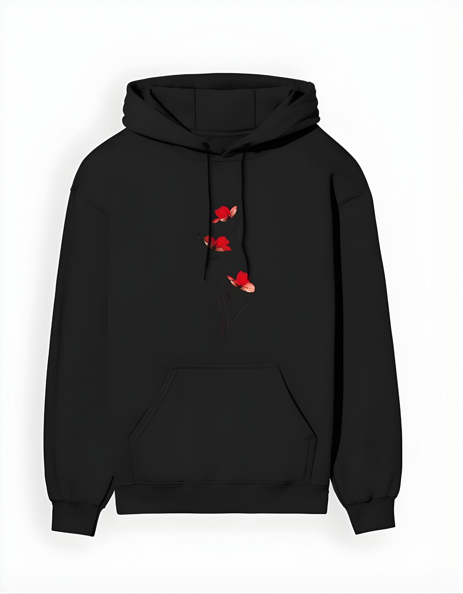 Black hoodie with red floral designs on a white background