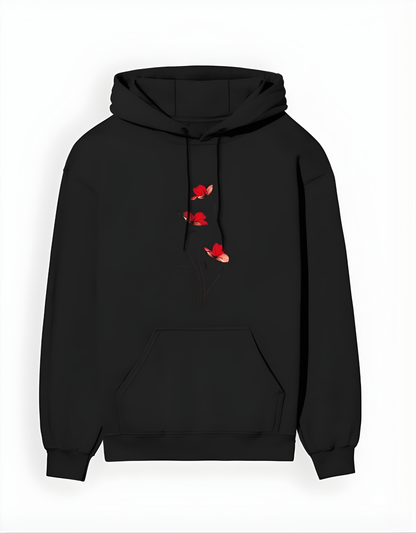 Black hoodie with red floral designs on a white background