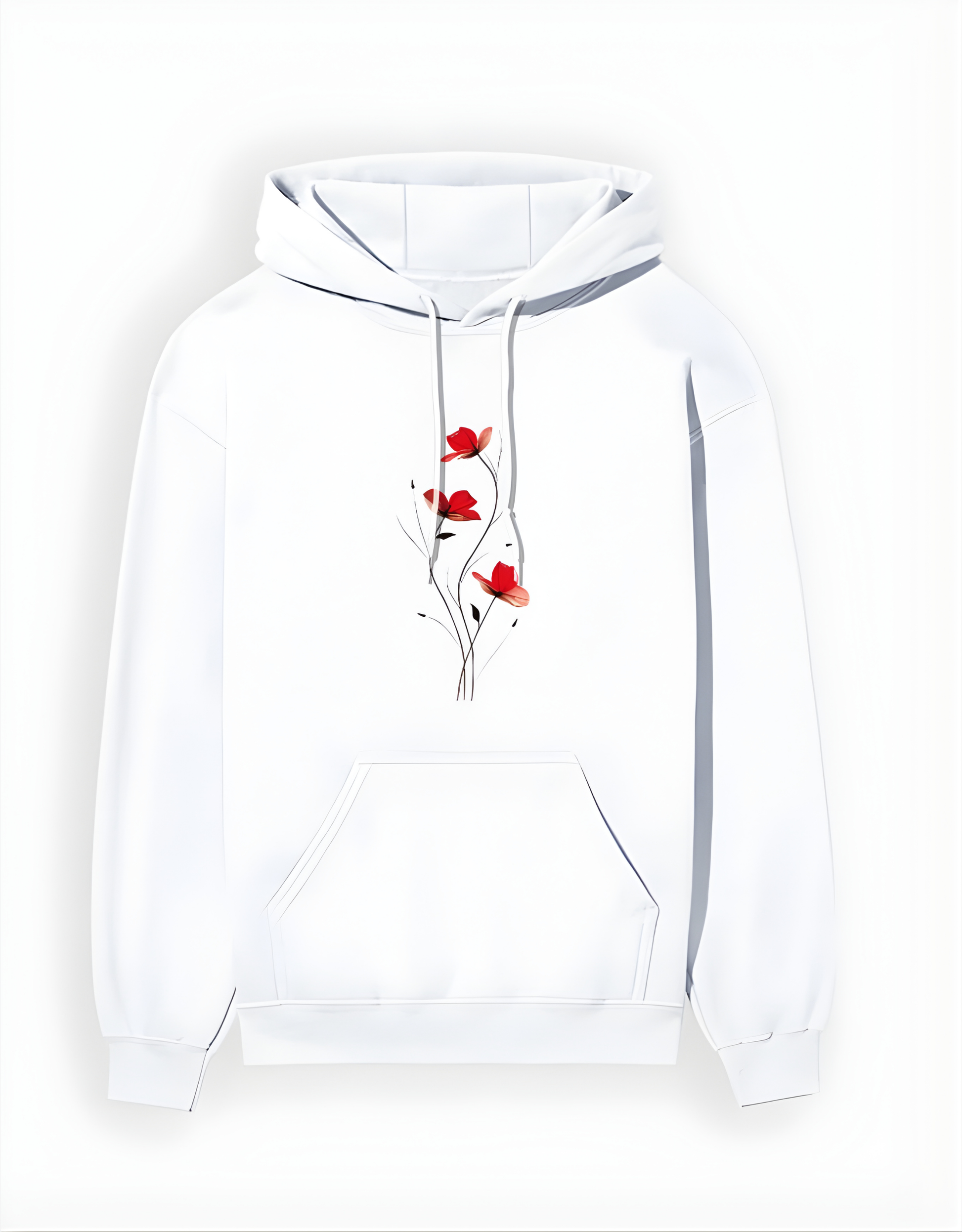 White hoodie with red floral design on a white background