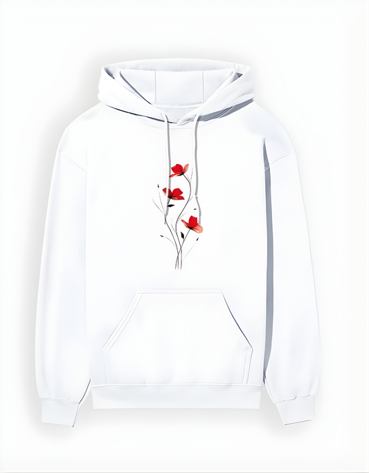 White hoodie with red floral design on a white background