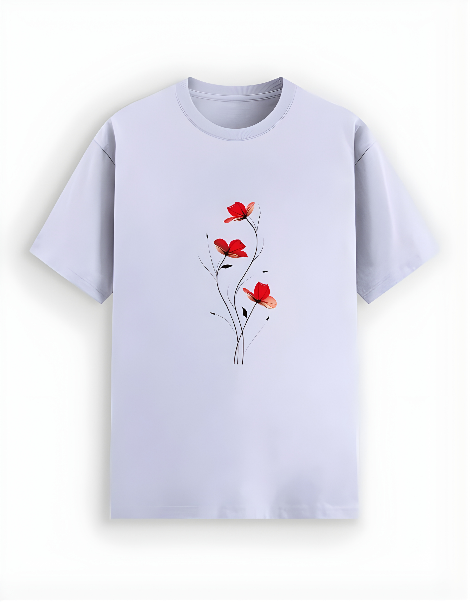 Light purple t-shirt with red floral design on a white background