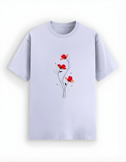 Light purple t-shirt with red floral design on a white background