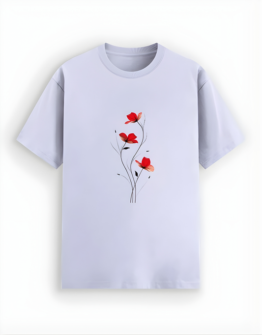 Light purple t-shirt with red floral design on a white background