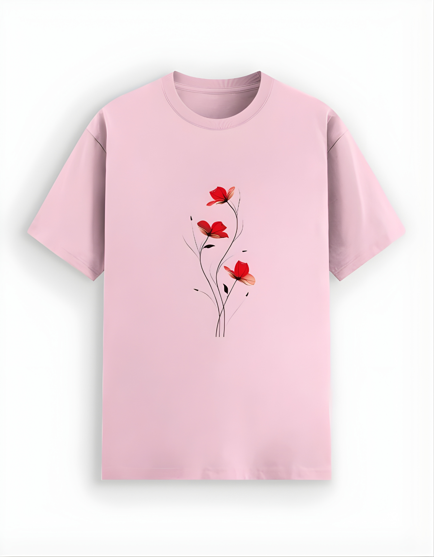 Pink t-shirt with red floral design on a white background