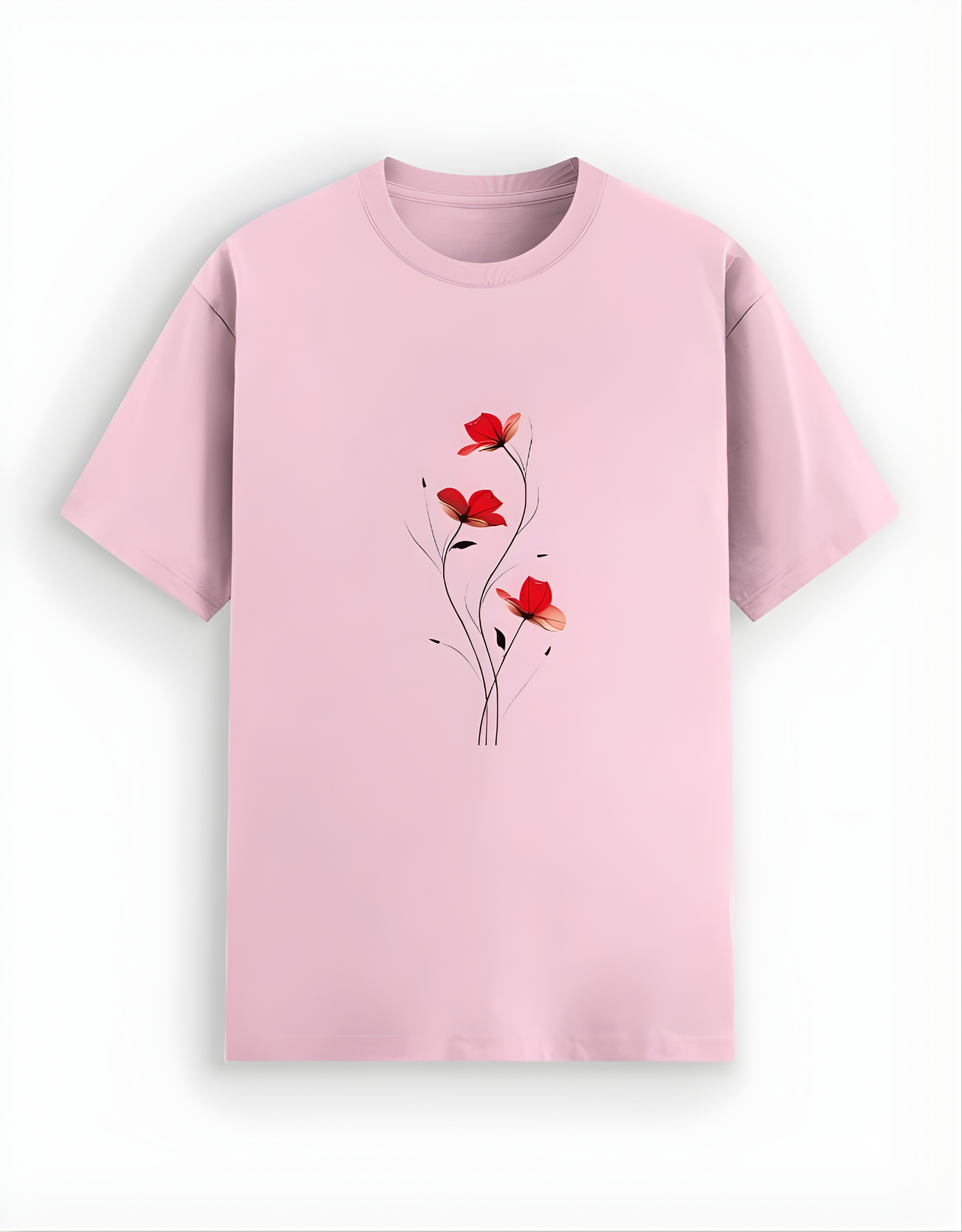 Pink t-shirt with red floral design on a white background