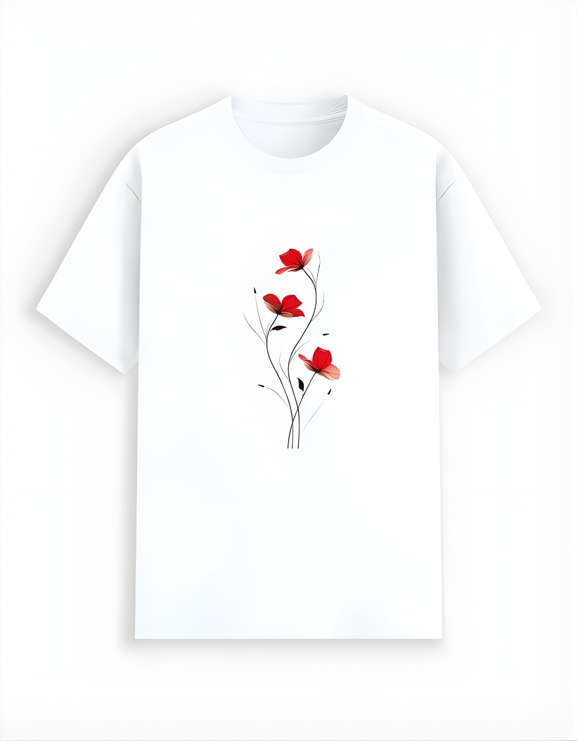 White t-shirt with red floral design on a white background