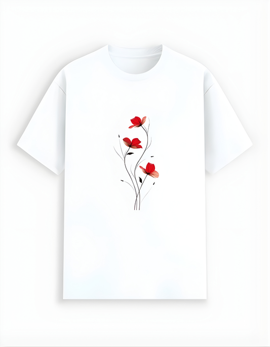 White t-shirt with red floral design on a white background