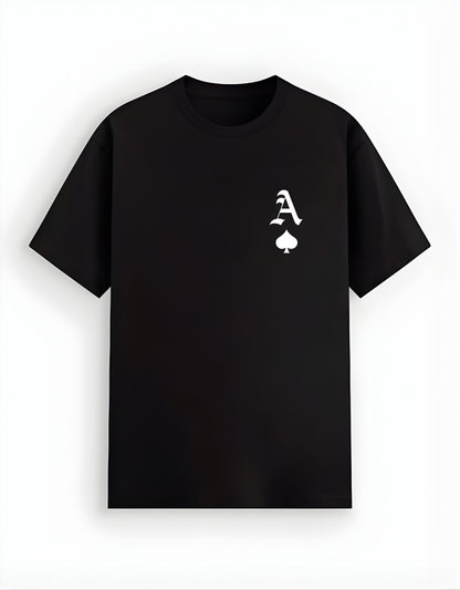 Black t-shirt with a white logo on a white background