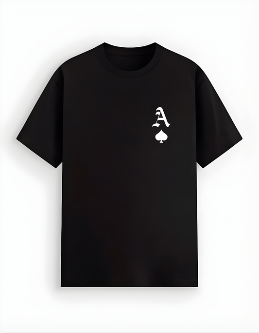 Black t-shirt with a white logo on a white background