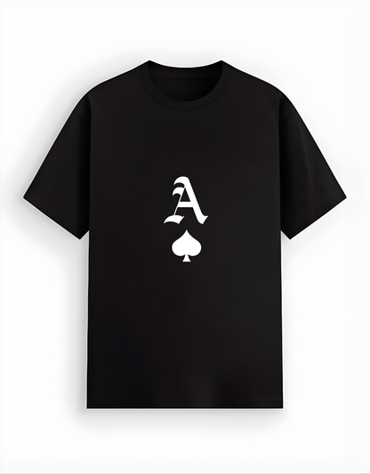 Black t-shirt with a white spade symbol and letter 'A' on a white background