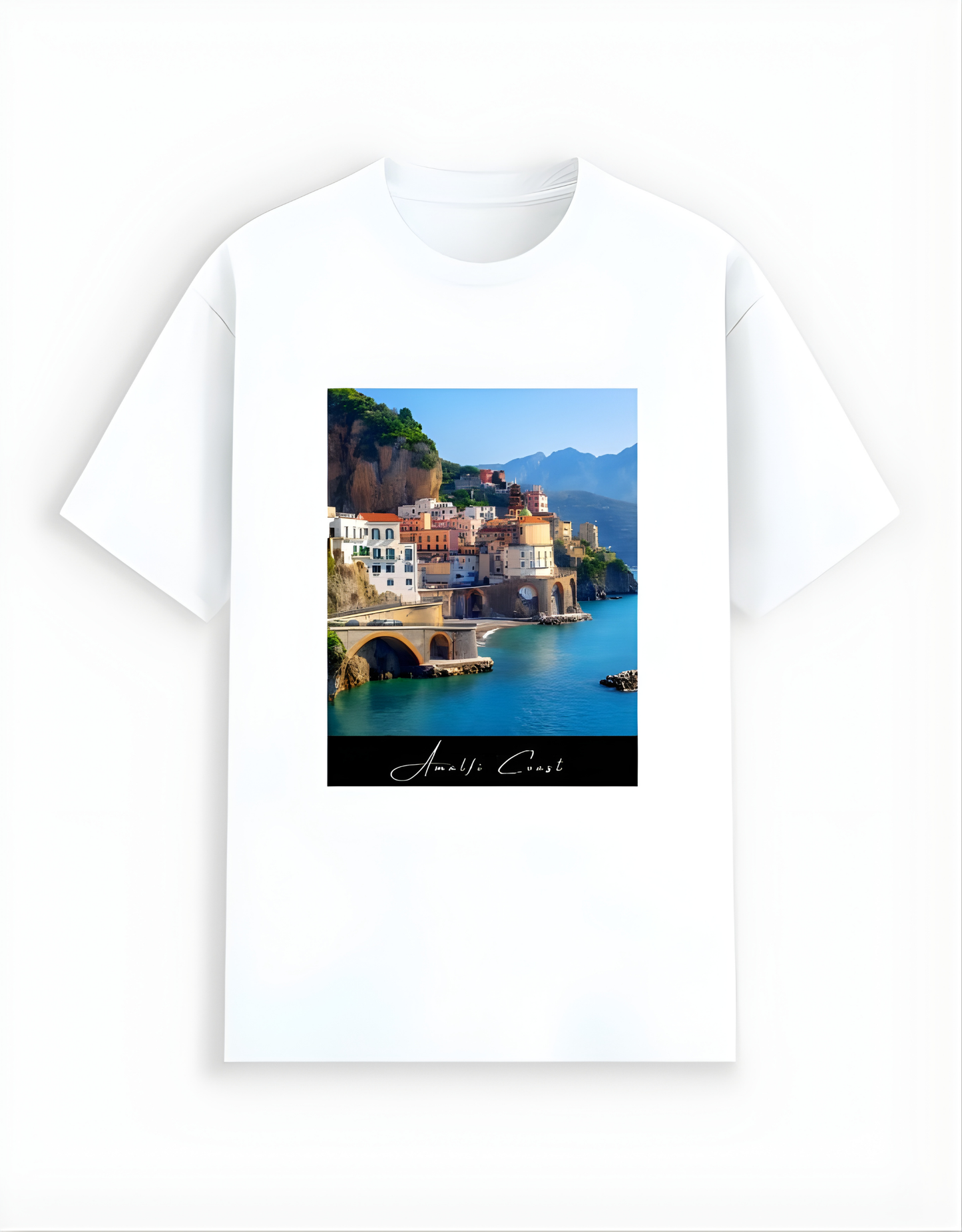 White t-shirt with a scenic print of a coastal town on a white background