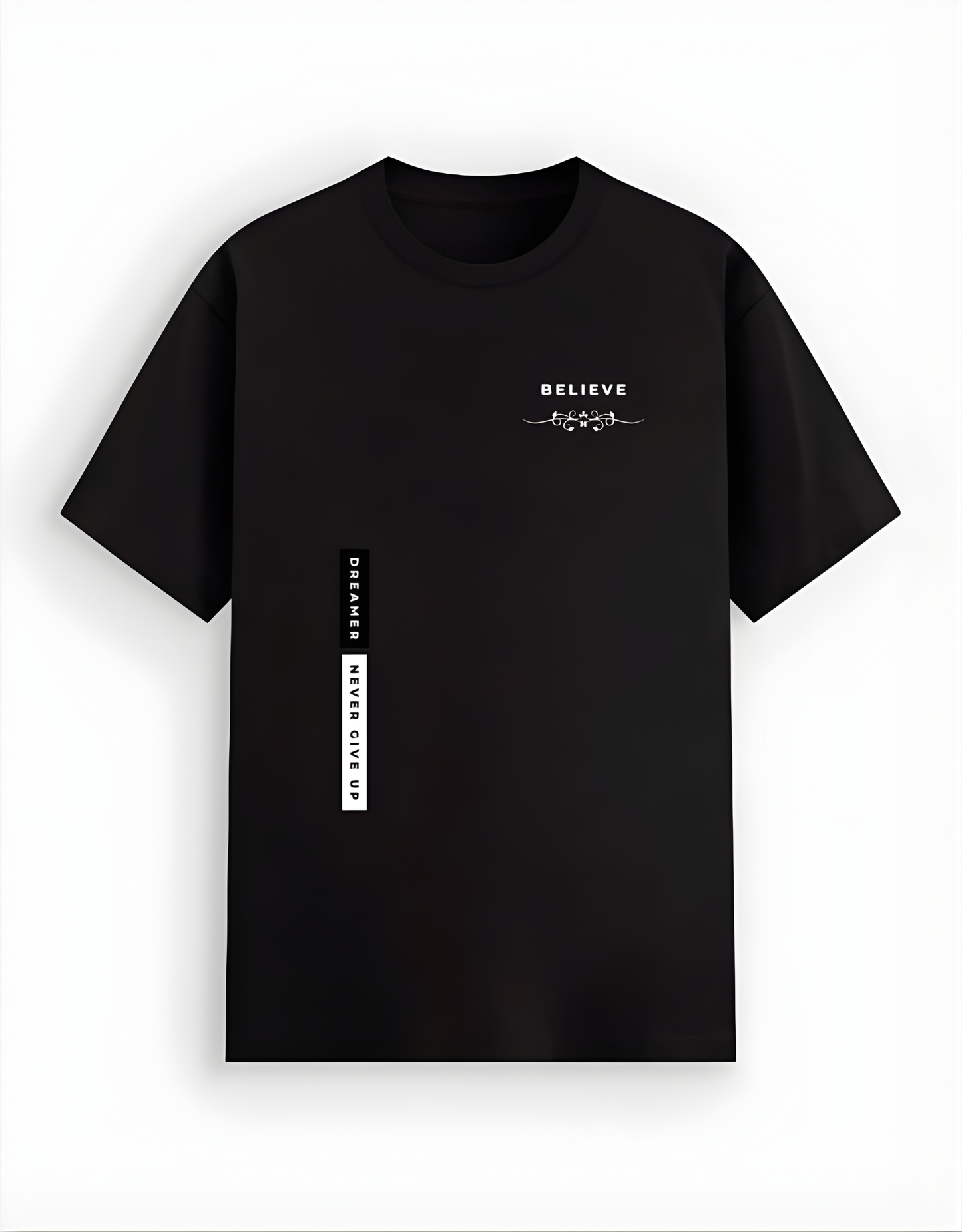 Black t-shirt with white text and graphics on a white background