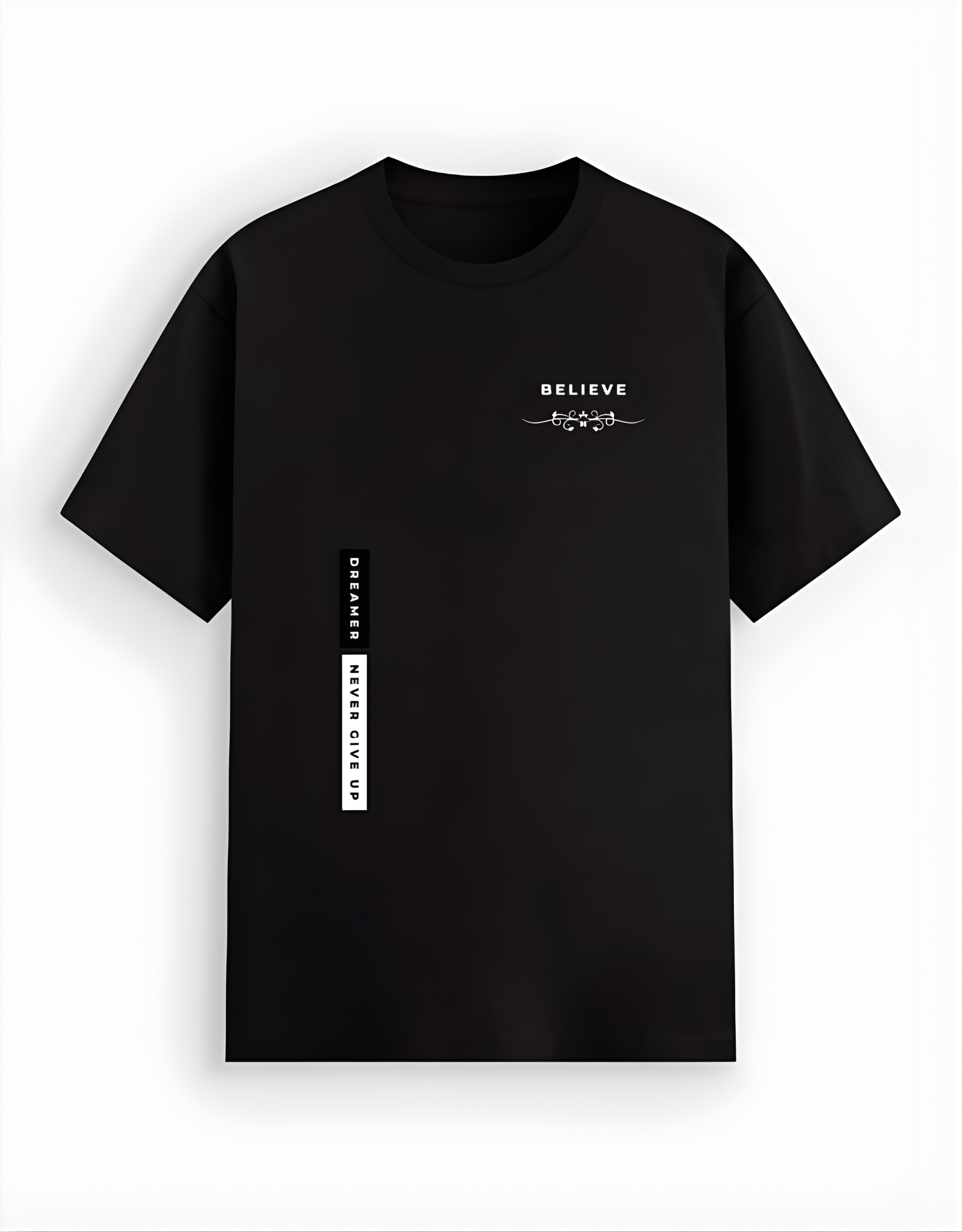 Black t-shirt with white text and graphics on a white background