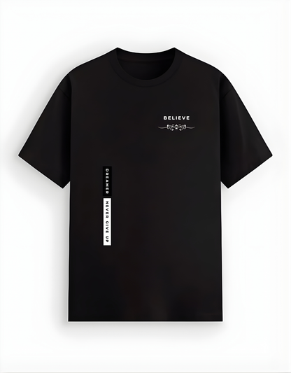 Black t-shirt with white text and graphics on a white background