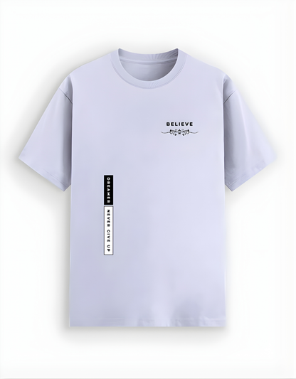 Light purple t-shirt with text design on a white background