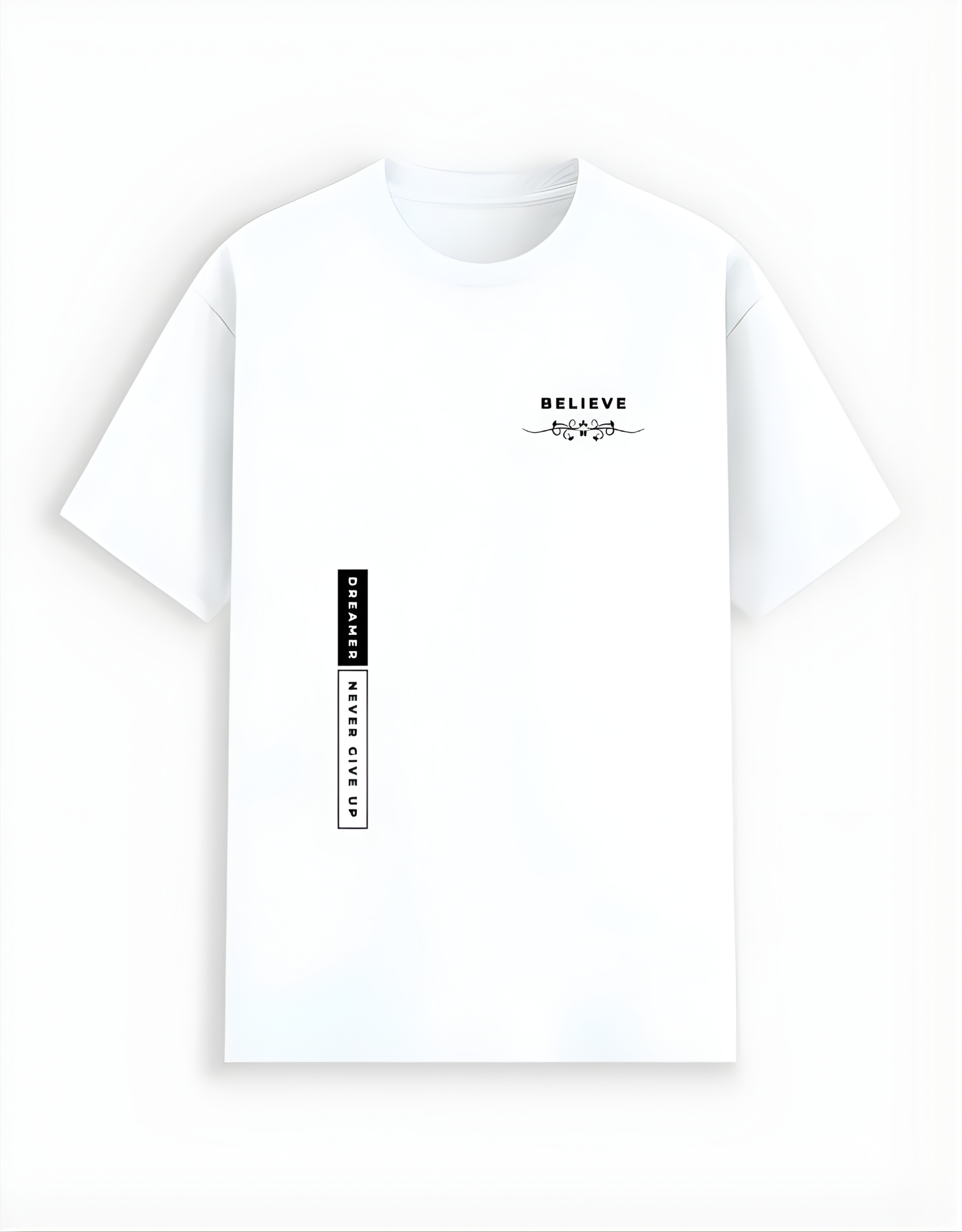 White t-shirt with black text and graphics on a white background