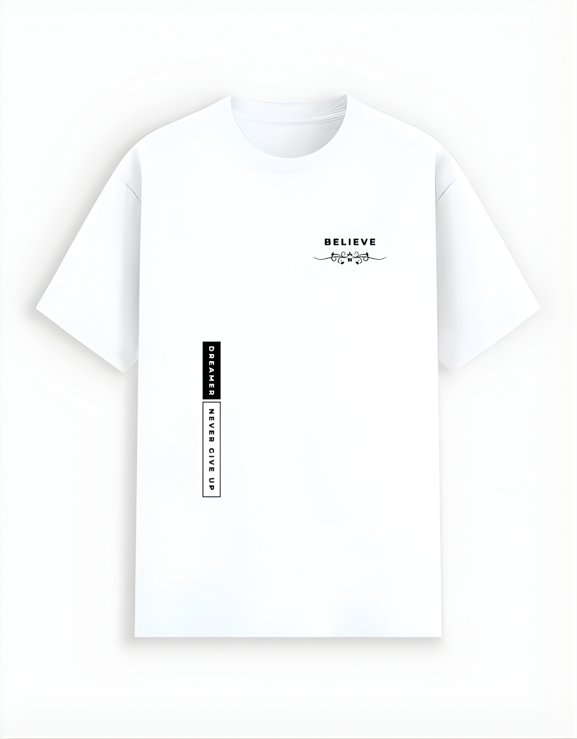 White t-shirt with black text and graphics on a white background