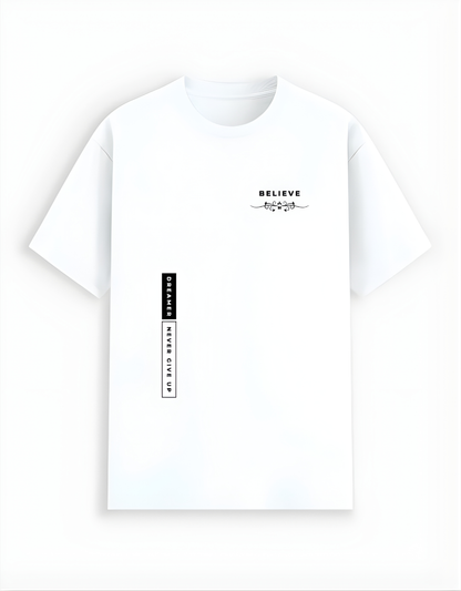 White t-shirt with black text and graphics on a white background