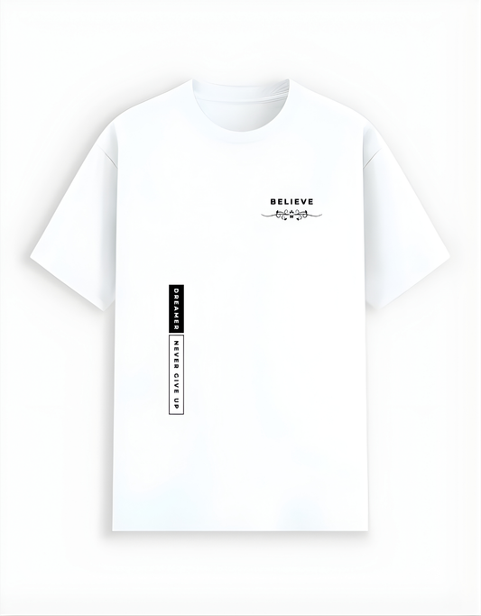 White t-shirt with black text and graphics on a white background