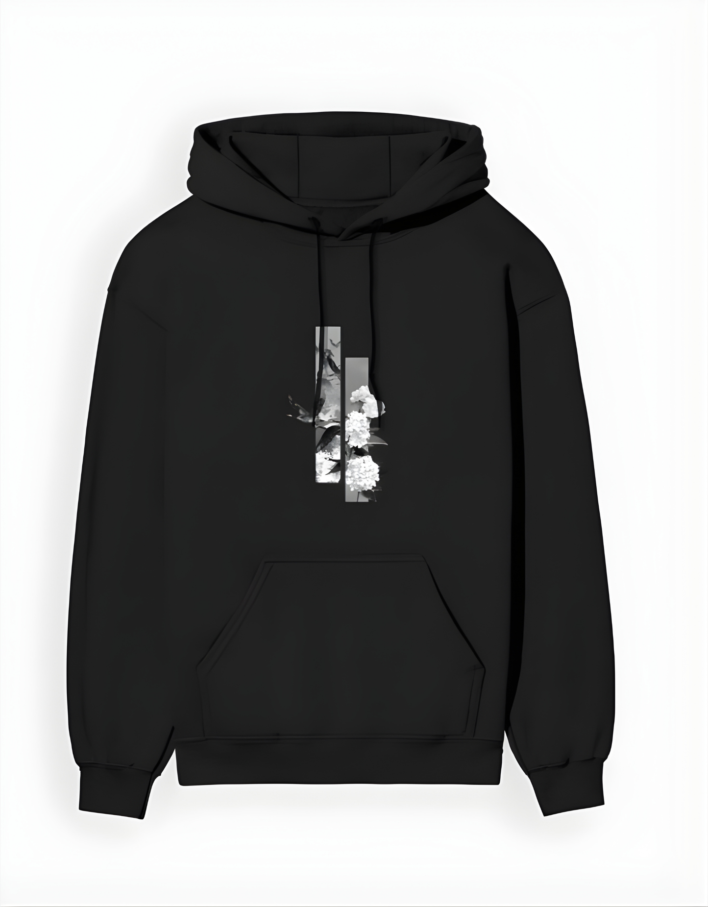 Black hoodie with a white graphic design on a white background