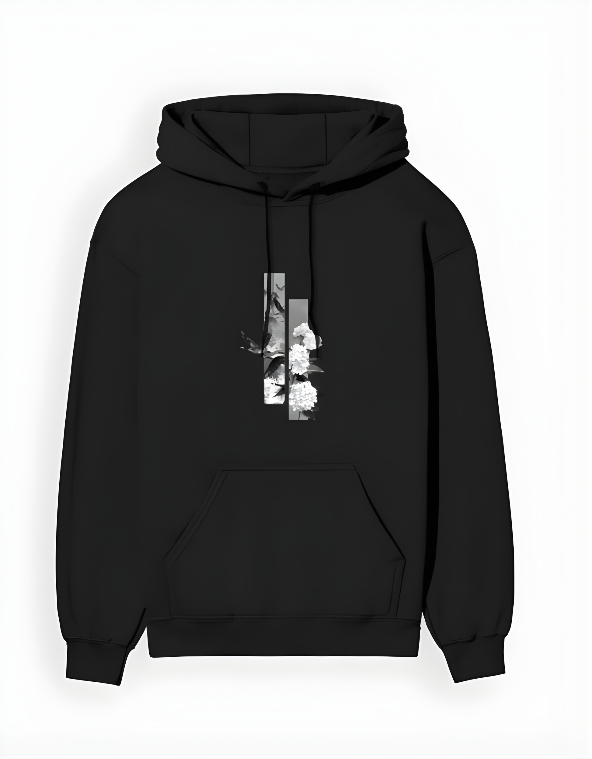 Black hoodie with a white graphic design on a white background