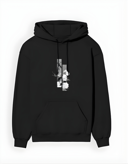 Black hoodie with a white graphic design on a white background