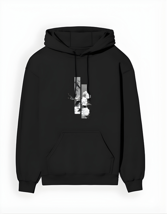 Black hoodie with a white graphic design on a white background
