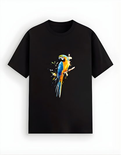 Black t-shirt with a colorful parrot design on a white background