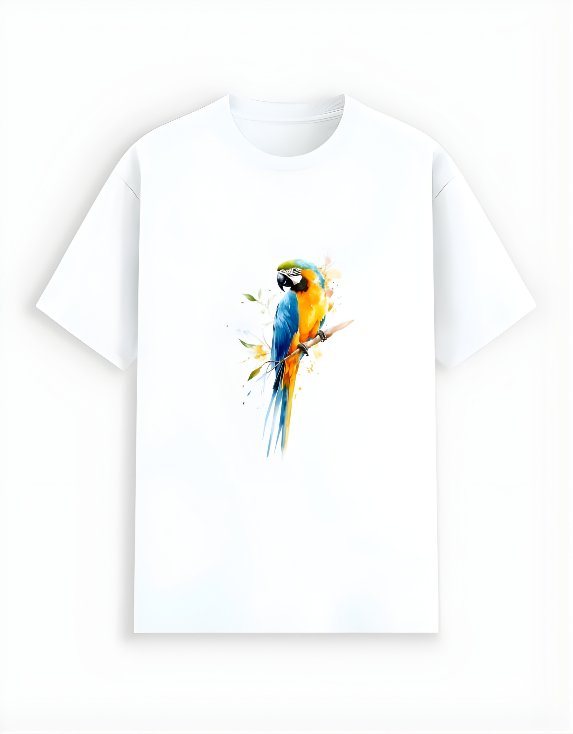 White t-shirt with a colorful parrot design on a white background