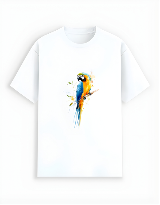 White t-shirt with a colorful parrot design on a white background